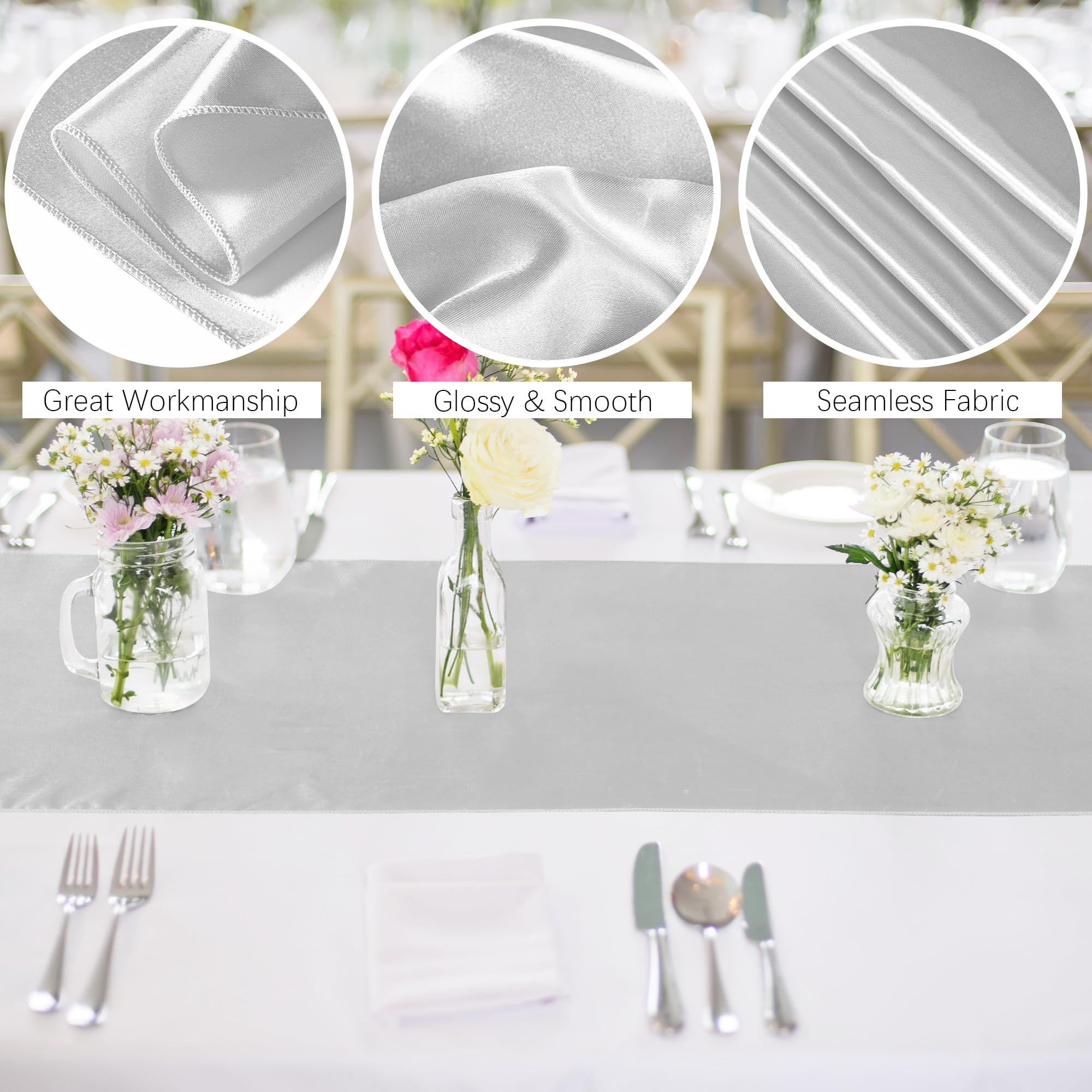 Aneco 12 Pack Satin Table Runner 12 X 108 Inch Light Silver Long Wedding Satin Silk Table Runner For Wedding Banquet Graduations